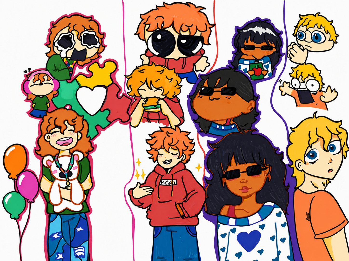 Ilustração colorida criada por um estudante, com crianças diversas, peças de quebra-cabeça e símbolos de afeto e inclusão.